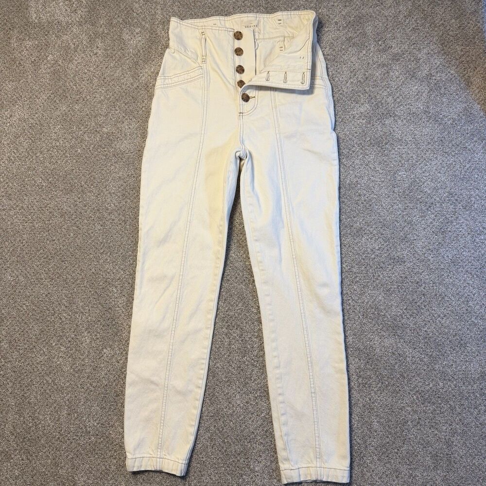SEZANE High Rise Tapered Jeans Cream Ecru Beige Button Fly Front Seam Pants EU34